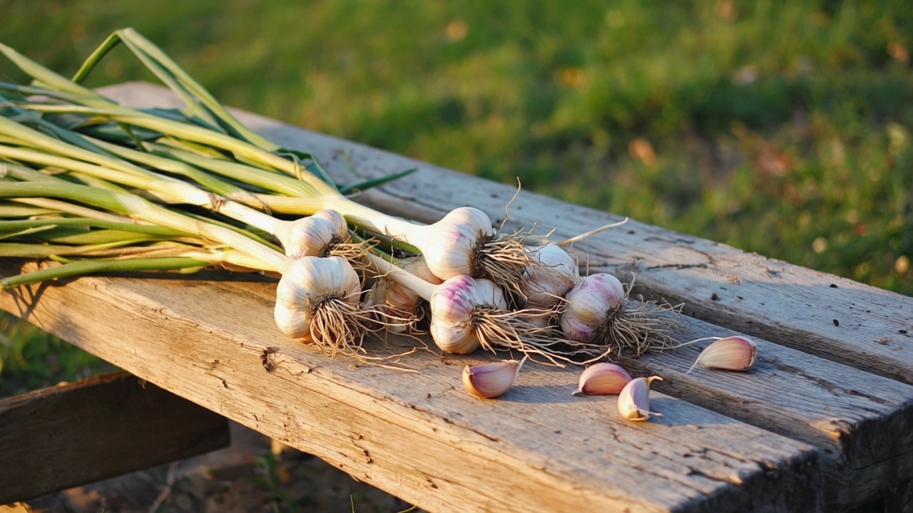music-garlic-harvest Freshly harvested heirloom hardneck garlic bulbs with long stalks on a weathered wooden bench in autumn light