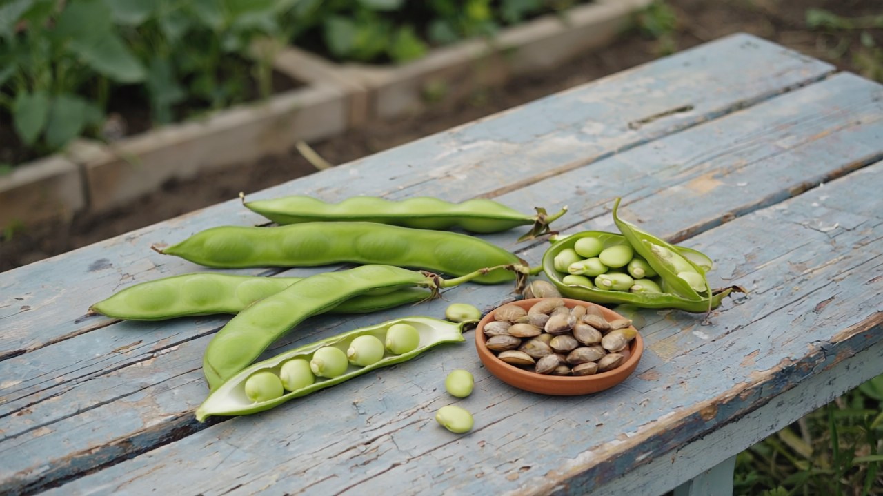 Fresh green fava bean pods, shelled beans and a dish of dried fava seeds on a weathered garden table
