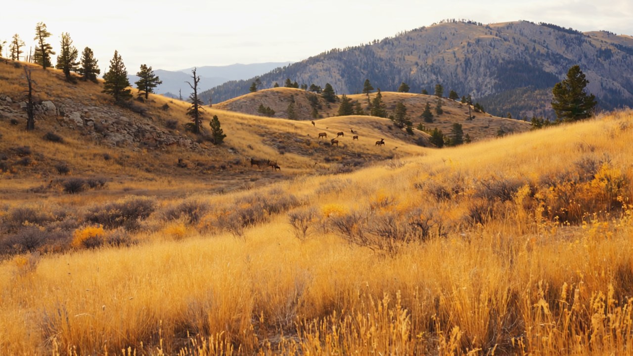 Golden grassland foothills in Colorado with ponderosa pines and a small herd of elk grazing in the distance