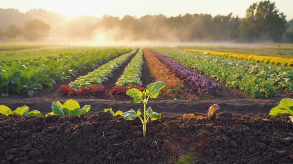 Seed Sunday seedling on an organic farm A young seedling in dark soil in front of rows of mixed vegetables on an organic farm at sunrise