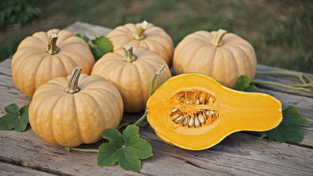 seminole-pumpkin-heirloom-squash Buff-colored Seminole pumpkins on a weathered wooden table, one cut open to show orange flesh and seeds